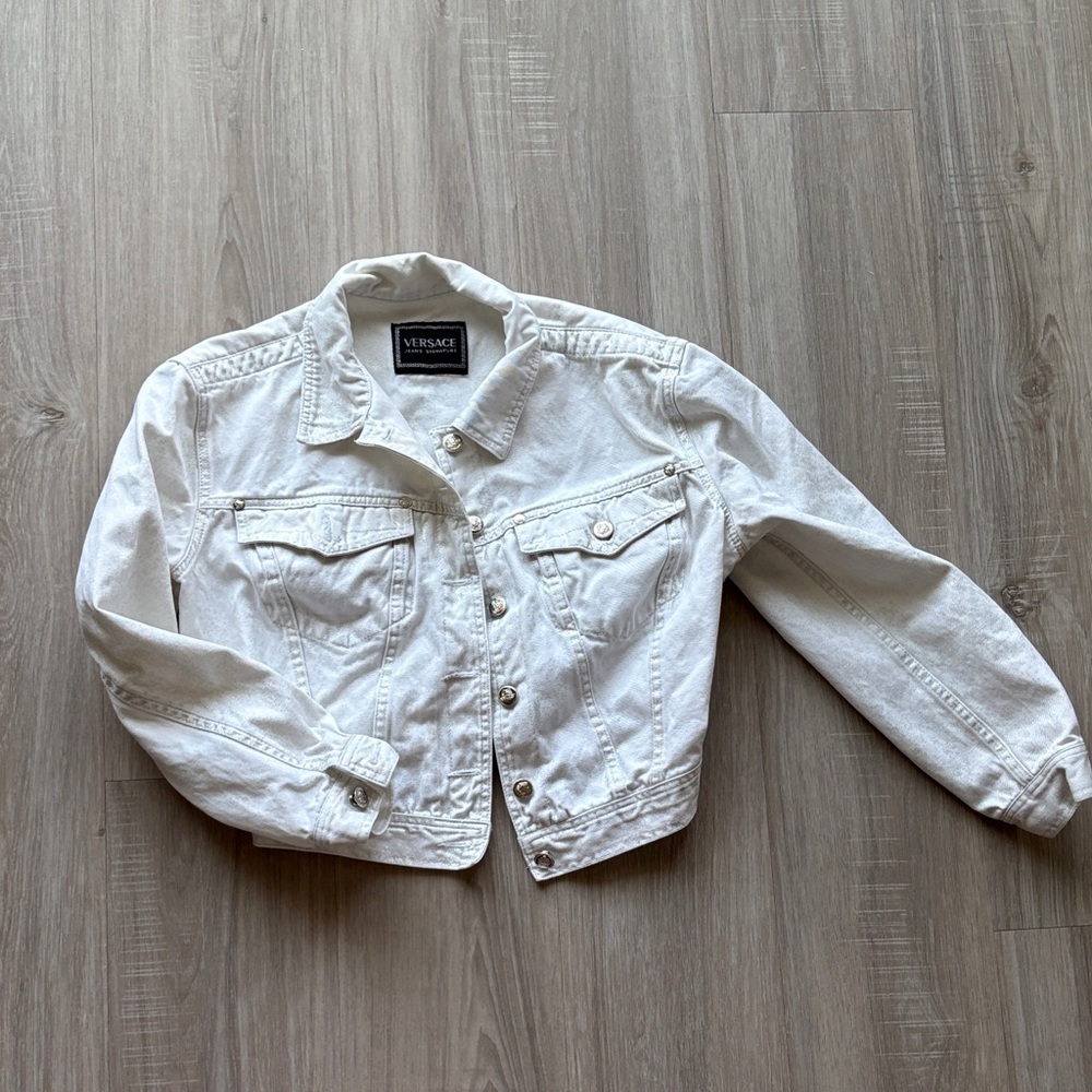Versace Jeans Signature Cropped White Denim Jacket with a Sheen Effect